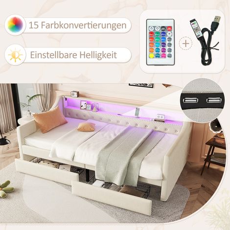 Canapé-lit Daybett 90x200 cm, sommier à lattes intégré (sans matelas), éclairage d'ambiance avec télécommande, deux tiroirs de rangement, port USB, lin beige