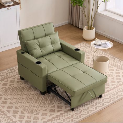 Canapé lit banquette 3 en 1 convertible, fauteuil, chaise longue et couchage d'appoint, 3 positions, bois et métal, avocat - vert (1/5)