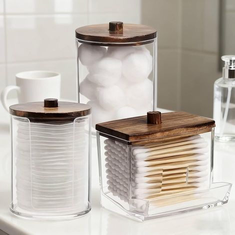 Lot de 3 Distributeur écouvillon, Support salle de bain avec couvercle bois marron, Rangement facile (1/5)