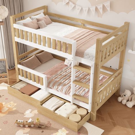 Letto a castello in legno 90x200 cm, bianco/naturale, 2 cassetti, senza materassi – MEUBLIV (1/5)