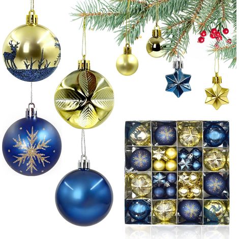 Weihnachtskugeln 44 Stück Set, Christbaumkugeln aus bruchsicherem Plastik, inkl. vormontierten Schlaufen - Weihnachtsbaum Deko & Christbaumschmuck (Blau & Gold, Glanz/Matt) (1/5)