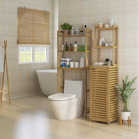Étagère WC 68x20x165 cm en bambou naturel, gain de place pour salle de bain FloraGrace (1/5)