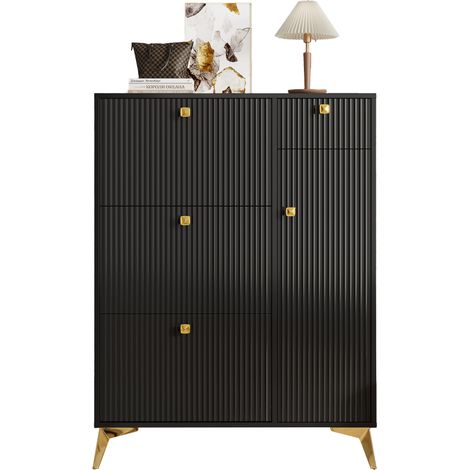 Mobile scarpiera con 3 Ribalte, 1 Cassetto e 1 Anta, con Vano Contenitore, per Ingresso, in Legno e Metallo, Nero, 90×25×121 cm (1/5)