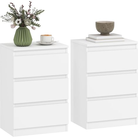Tables de chevet (lot de 2), 3 tiroirs, sans poignées, aspect bois, blanches