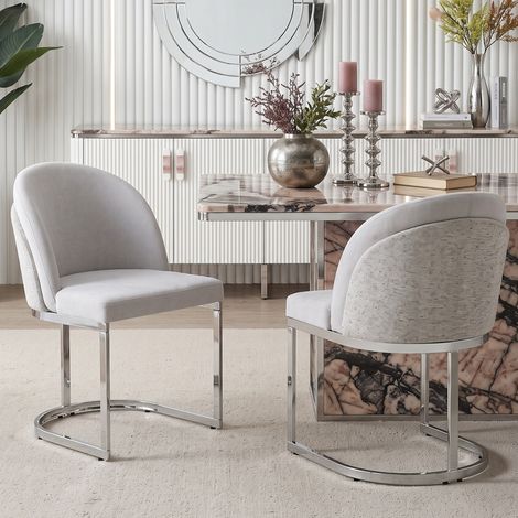 Lote de 2 sillas de comedor de chenilla, gris claro, patas metálicas plateadas OKMYHOME (1/5)