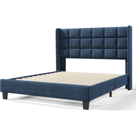 Cama doble tapizada azul 140x200 cm con somier de láminas y cabecero alto de lino (1/5)