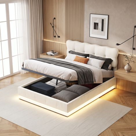 Superaly Lit Double Capitonné 140x190cm, Lit de Rangement Barométrique, Lit Adolescent avec Éclairage LED, Tête de Lit Réglable en forme de nuage, Sommier à Lattes, minimalist style, Velours, Beige (1/5)
