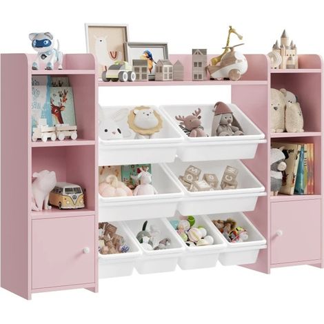 AUTRUCKER Meuble de rangement pour jouets,bibliothèque pour enfants Comprend8boîtes et étagères amovibles,convient pour le salon et la chambre-138x29x94cm (1/5)