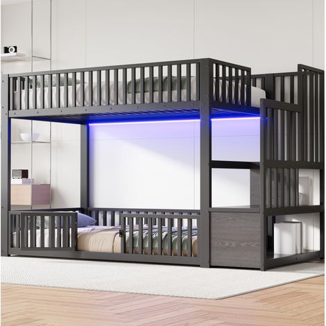 Etagenbett Metall/MDF Schwarz 90x200 cm mit LED und Stauraumleiter (1/5)