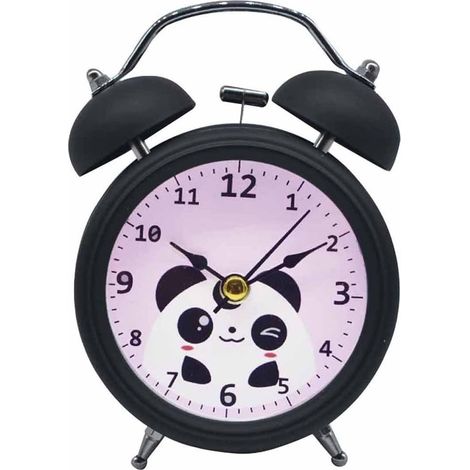 Reloj despertador vintage de doble campana para niños, lindo reloj despertador silencioso con diseño de panda de dibujos animados, reloj de escritorio para dormitorio infantil (negro) (1/5)