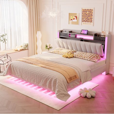 Cama dormitorio 140x200 con USB LED y almacenaje beige OKMYHOME (1/4)