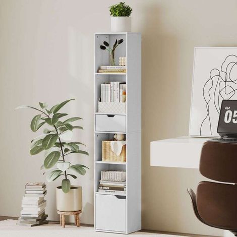 Étagère à 6 niveaux, 3 hauteurs réglables, avec tiroir, porte d'armoire, tablette adaptable, étagère vitrine, blanc. (1/5)