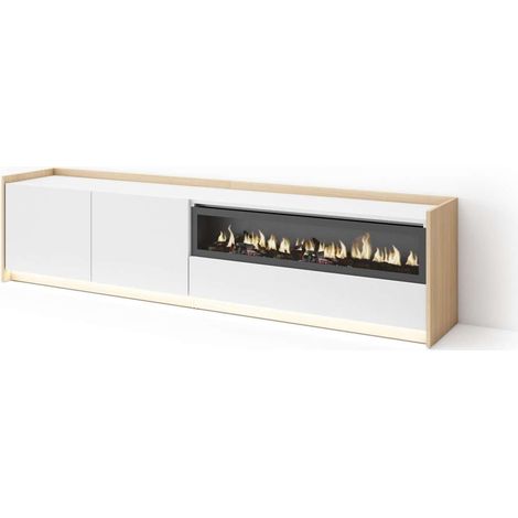 Mueble TV Mollina-02 de 207x50x37 cm con chimenea y luces LED, color blanco y roble soft (1/4)