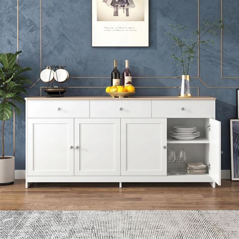 Buffet 160x37x75 cm, bahut de salle à manger avec 4 portes et 3 tiroirs, style campagnard moderne, mdf et bois, blanc (1/5)
