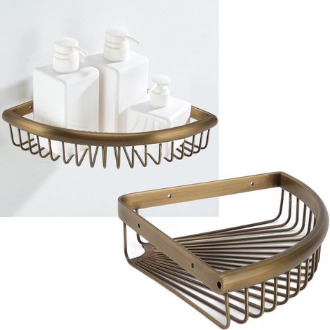 Badezimmerregal mit einstöckigem Aufbewahrungskorb aus antik gebürstetem Messing, Eckregal, dreieckiges Regal (1/5)