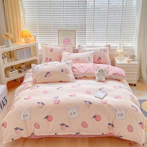 Parure de lit rose 135 x 200 cm pour enfant avec housse de couette et taie d'oreiller 80 x 80 cm - En microfibre douce - Motif lapin et orange mignon - Pour femme et fille (1/5)