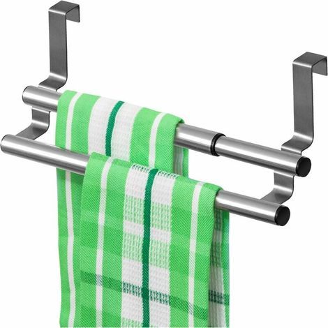 Handtuchhalter aus Edelstahl für Türen und Schränke, Doppelhandtuchhalter mit einfacher Montage, kein Bohren erforderlich – Breite ausziehbar, Maße: 25–40 x 8 x 9 cm (1/5)