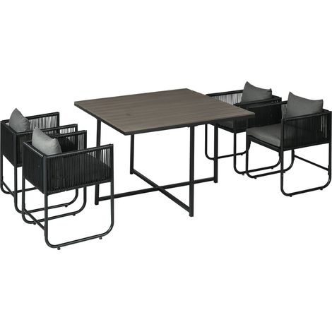 5-tlg Polyrattan Gartenmöbel Set Esstisch mit 4 Stühlen und Beistelltisch, stilvolle Essgruppe für Balkon und Garten