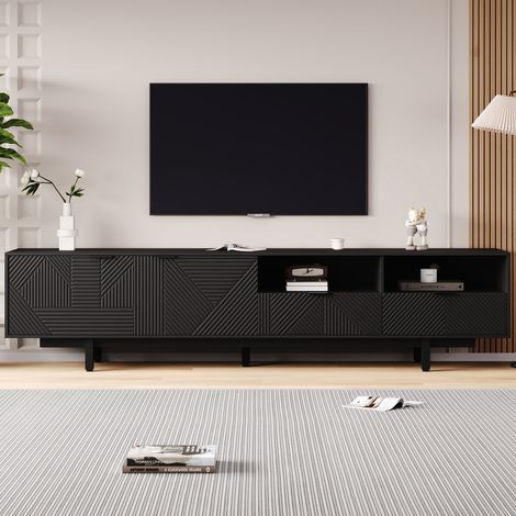 TV-Schrank 200x40x51 cm schwarz aus Spanplatte mit geometrischem Liniendekor und Kabelmanagement (1/5)