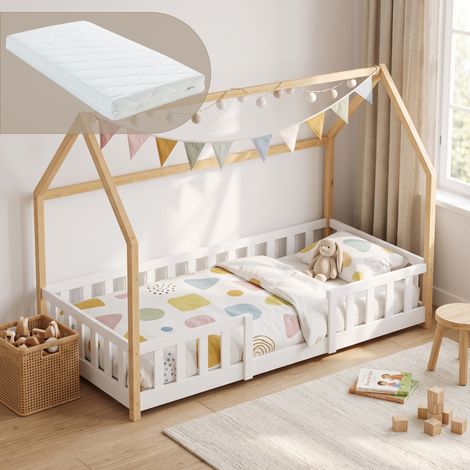 Hausbett Sisimiut im Montessori-Stil mit Matratze und Rausfallschutz 90x200 cm Weiß/Natur [en.casa] (1/5)