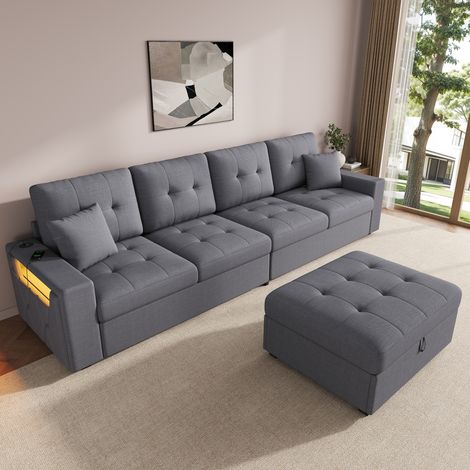 Sofá esquinero modular con puf de almacenaje, LED, USB y Type-C, gris OKMYHOME (1/5)