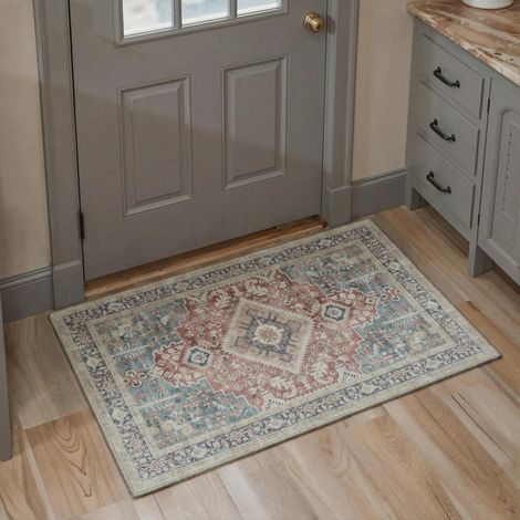 Tapis Entree Interieur Vintage 60x90cm Lavable en Machine AntidéRapant Poil Ras, pour Chambre Salle a Manger Descente de Lit Bureau, Cuisine, Rouge Lie de Vin (1/5)