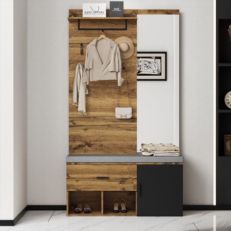 Ensemble entrée 190cm avec miroir et banc 104x39cm coussin - Armoire à chaussures tiroir - Rangement bois (1/5)