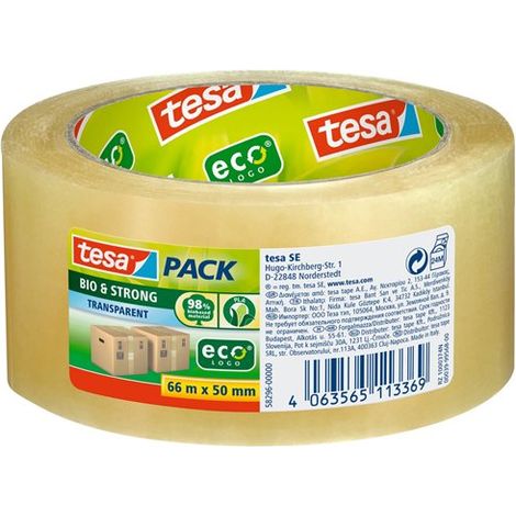 TESA 58296-00000-00 TESAPACK BIO & STRONG-CINTA ADHESIVA EXTRA FUERTE PARA EMBALAJE, TRANSPARENTE, 66M X 50MM