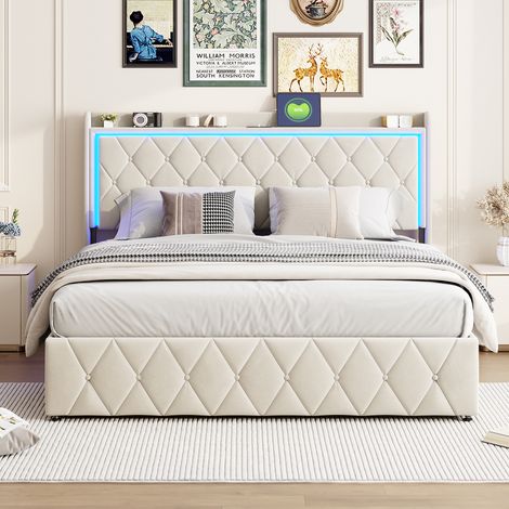 Lit coffre 140 x 190 cm, LED, hydraulique, Style moderne, tissu en velours, cadre de lit 140 x 190 cm, beige (1/5)