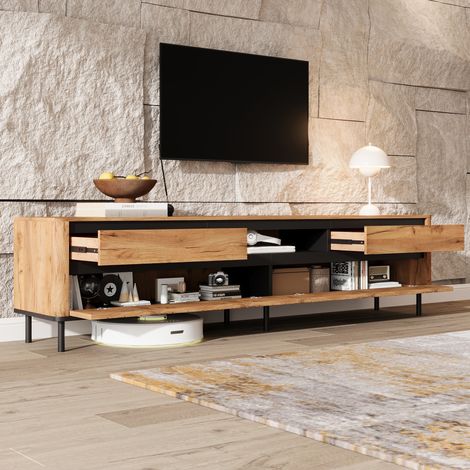 Meuble TV bas 180x40x52 cm avec 2 tiroirs, 2 portes abattantes, passe-câbles, pieds métal, MDF naturel/noir (1/5)