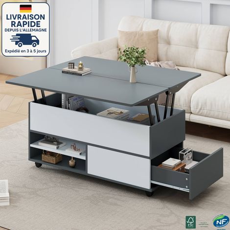 MODFU - Mesa de centro elevable con ruedas y almacenaje abierto, 100×98×65cm, 1 puerta 1 cajón, gris + blanco (1/5)