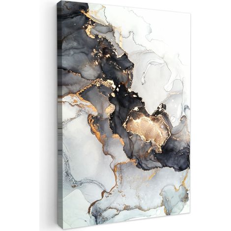 TABLEAU SUR TOILE Marbre - Noir - Blanc - Or - Luxe - Abstrait Tableaux Art Décoratif 80x120 cm