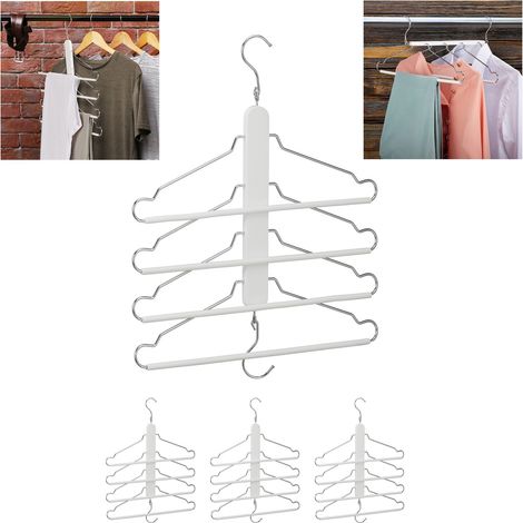 Set 4 Perchas Ahorra Espacio con Varilla Colgar Pantalones, 4 Colgadores Camisas en 1, Trajes, Madera/Metal, Blanco