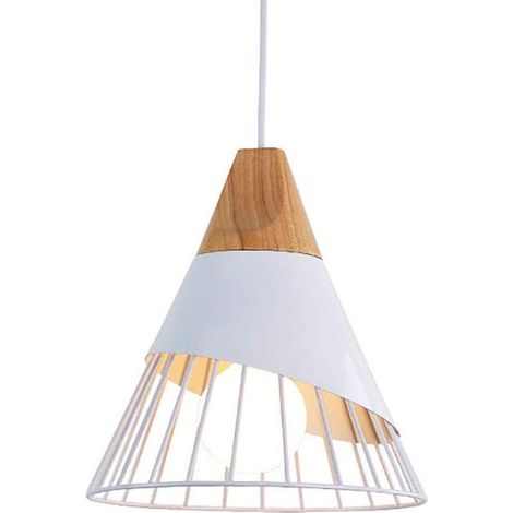 Lustre Suspension Industrielle E27 Cage en Fer et Bois Luminaire Style Contemporain pour Chambre Salon Cuisine Blanc (1/5)