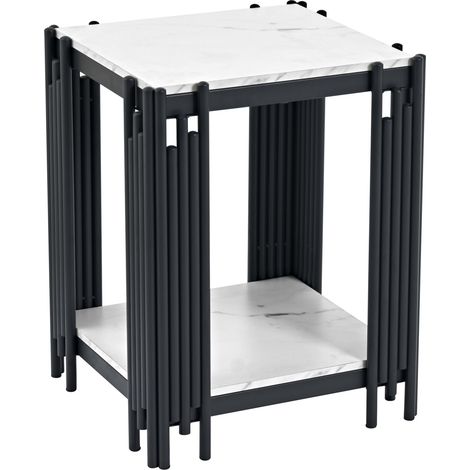 Mesa auxiliar moderna MDF efecto mármol con estructura metálica negra, 2 niveles, 55 cm (1/5)