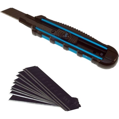 Cutter poignee aluminium et tpr avec etui de 10 lames noires (1/5)