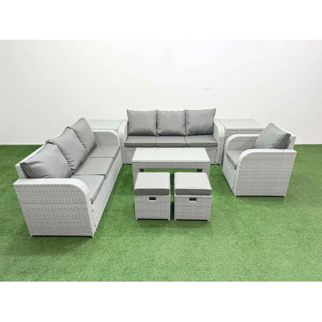 Fimous 9 Seater Poly Rattan Outdoor Garden Furniture Oblong Coffee Table Sofa Set Patio 3 Seater Sofa Reclining Chair 3 Seater Sofa Stools 2 Side Table Light Grey (1/4)