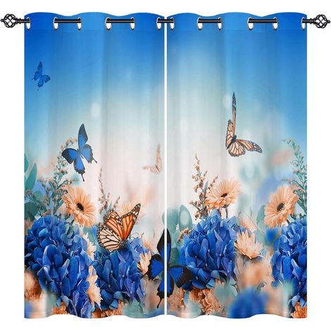 Rideau Occultant Jaune Bleu Fleur Papillon Tenture Opaque à Oeillets Draperies Intérieurs Rideau Thermique Isolant pour Maison Chambre Salon Fenetre 2 Pièces L 77 x H 160 cm - 77L X 160H cm (2 Panneau (1/5)