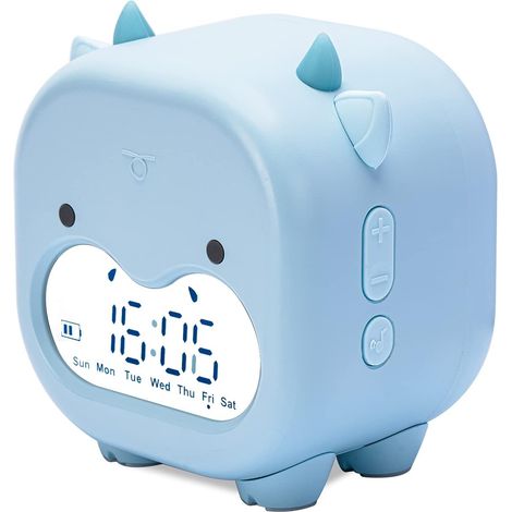 Réveil pour enfants – Bleu (pour chambre à coucher) : fonctions date, température, répétition d'alarme (snooze), simulateur d'aube et veilleuse. (1/5)