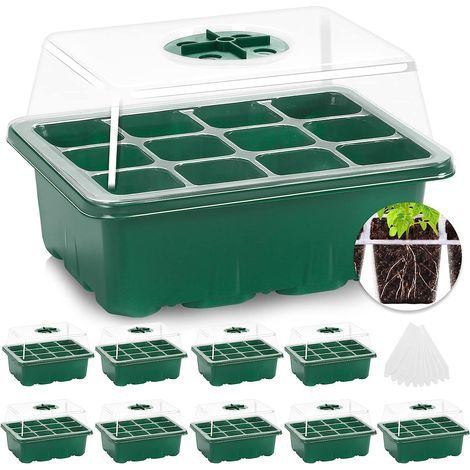 Mini Greenhouse for Plants, Set of 10 Seed Trays, 120 Cells Indoor Seed Tray with Lid and Durable Ventilation, Nursery Grow Box for Seed Germination, Green (1/5)
