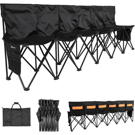 Banc pliant portable à 6 places, banc de camping pliable avec poches de rangement et sac de transport, siège latéral léger avec dossier pour football, baseball et événements en plein air, noir (1/5)