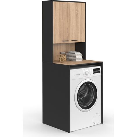 Idmarket – Meuble dessus machine à laver noir et bois hêtre – Rangement vertical 180 cm – Placard avec étagères ajustables – Design contemporain (1/5)