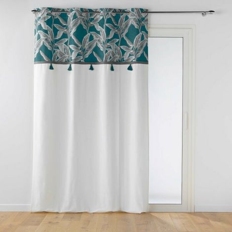 Rideau a oeillets 140 x 240 cm coton uni+top imprime+pompons isibelle Bleu (1/3)