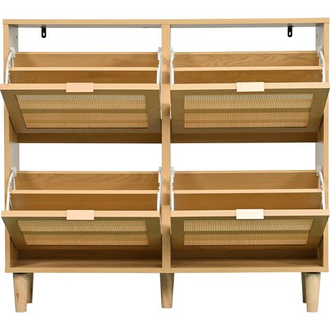 ELVMI Schuhschrank mit 4 Klappen und verstellbaren Einlegeboden fuer Flur aus Spanplatte 100 x 25 x 90 cm Helleiche (1/5)