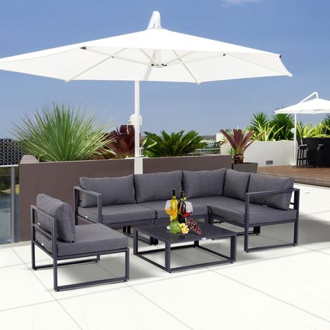 Équipement de jardin de 6 jours Ensemble de jardin Canapé de jardin Groupe d‘assises Mobilier de jardin Aluminium + polyester + verre dur Gris 4 x fauteuils 1 x canapé d‘angle 1 x table basse Pillons (1/5)