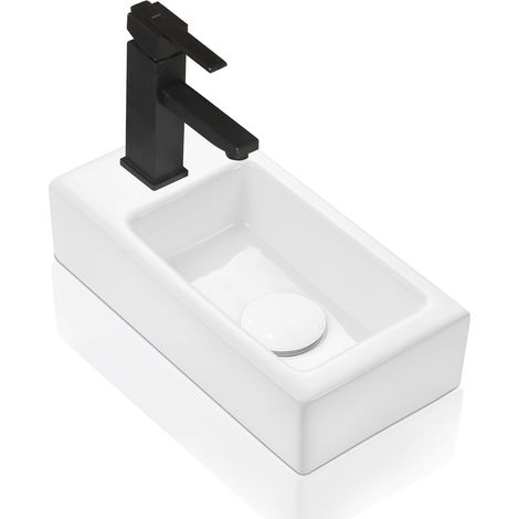 Horow – Lave mains à poser/suspendre compact 37 x 18,5 x 9 cm – Céramique blanche résistante aux taches – Installation murale – Trou robinet à gauche