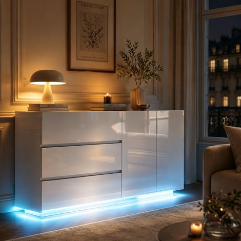 Buffet 160 cm – Armoire latérale – 2 portes + 3 tiroirs – LED RGB 7 couleurs – design scandinave – blanc laqué (1/5)