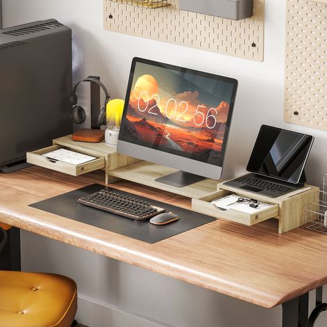 Rangement Rehausseur écran PC bureau support d'écran d'ordinateur de 60-116 cm avec 2 tiroirs longueur et angle réglables HaMi