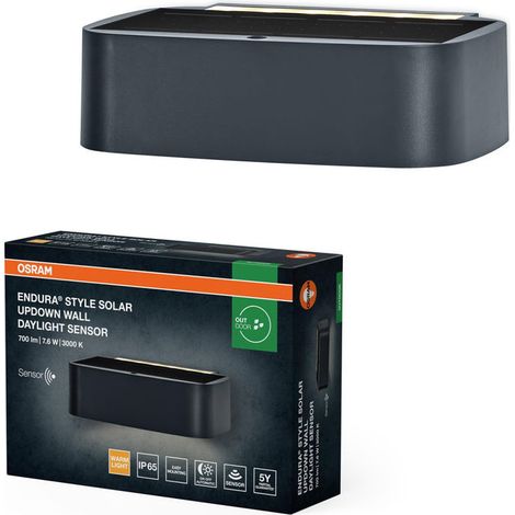 Osram Endura Style Solar Bright, lampada da parete LED solare, sensore movimento PIR e luce diurna, IP65, illuminazione up down, grigio scuro