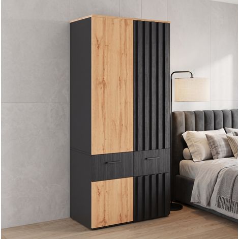 MODFU – Armoire 90x50x200 cm MDF/panneaux particules – Penderie, 2 tiroirs et étagères – Façades lamelles et 30/20 kg – Chambre – Noir/bois naturel (1/5)